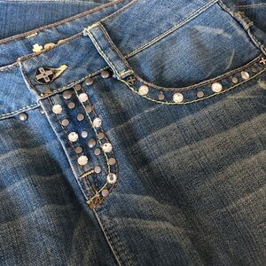 Y2K Tag Jeans Distressed Denim Skirt Rhinestone Studs Size 30